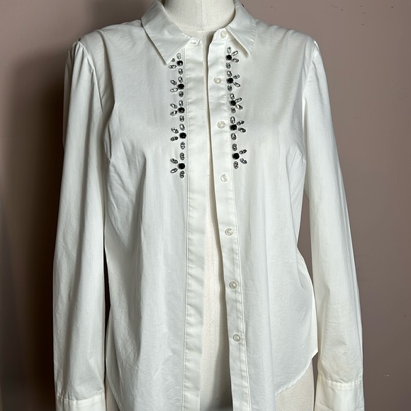 Laundry by Shelli Segal Rhinestone Embellished Cotton White Button Down Shirt 8 - Picture 2 of 15